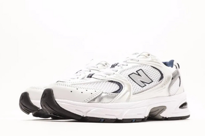 New Balance 530 in White, Silver, and Navy