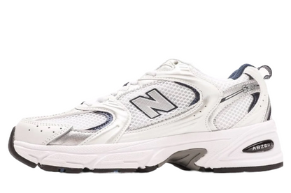 New Balance 530 in White, Silver, and Navy