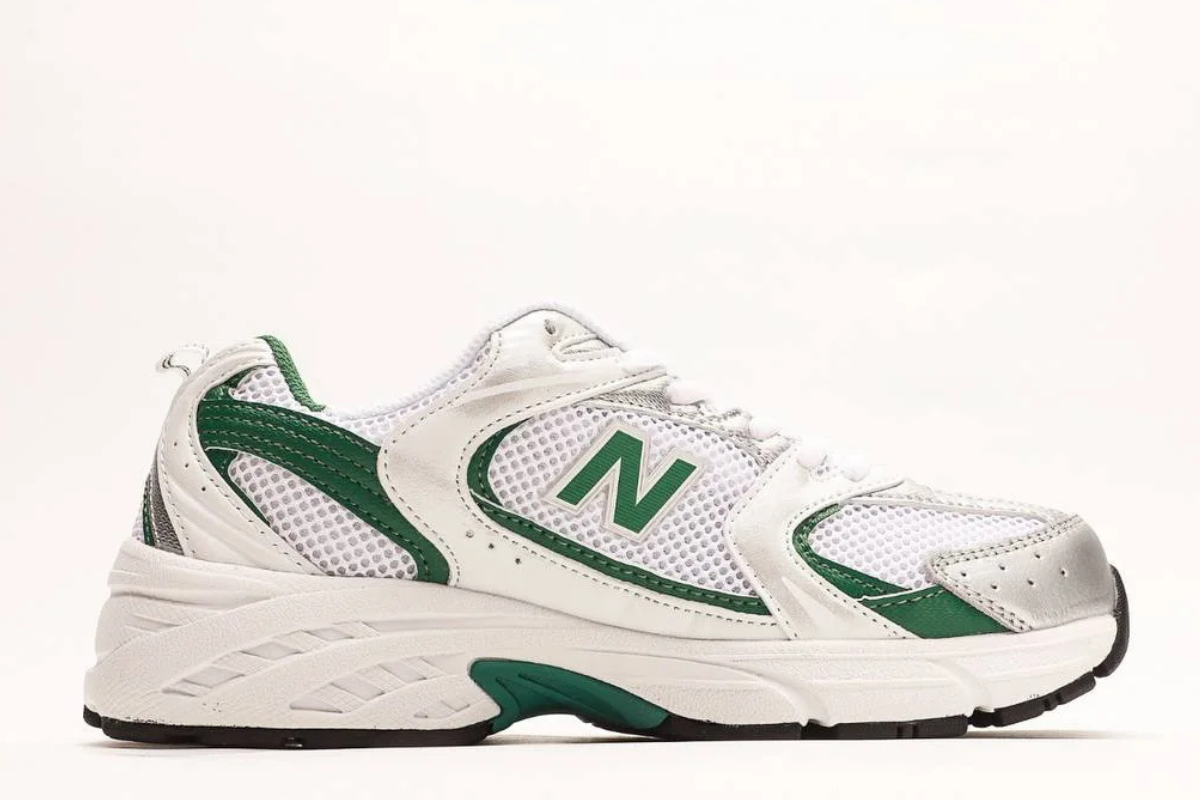 New Balance 530 White and Nightwatch Green colorway