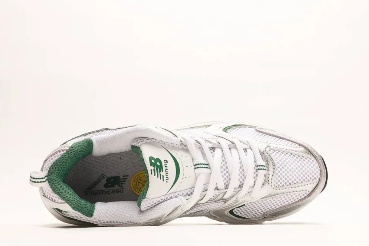 New Balance 530 White and Nightwatch Green colorway